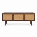 TV-Lowboard aus dunkelbraunem Massivholz mit Rattanfront rechteckig 160 x 40 x 70 cm