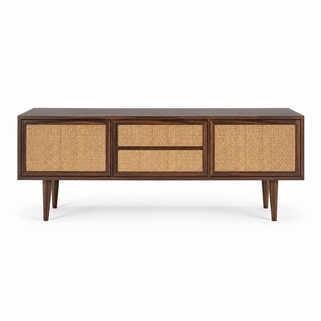 TV-Lowboard aus dunkelbraunem Massivholz mit Rattanfront rechteckig 160 x 40 x 70 cm