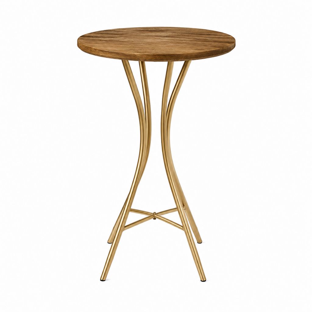 Gartentisch Stehtisch rund aus Massivholz mit goldfarbenem Stahlgestell Ø 60 cm Höhe 110 cm