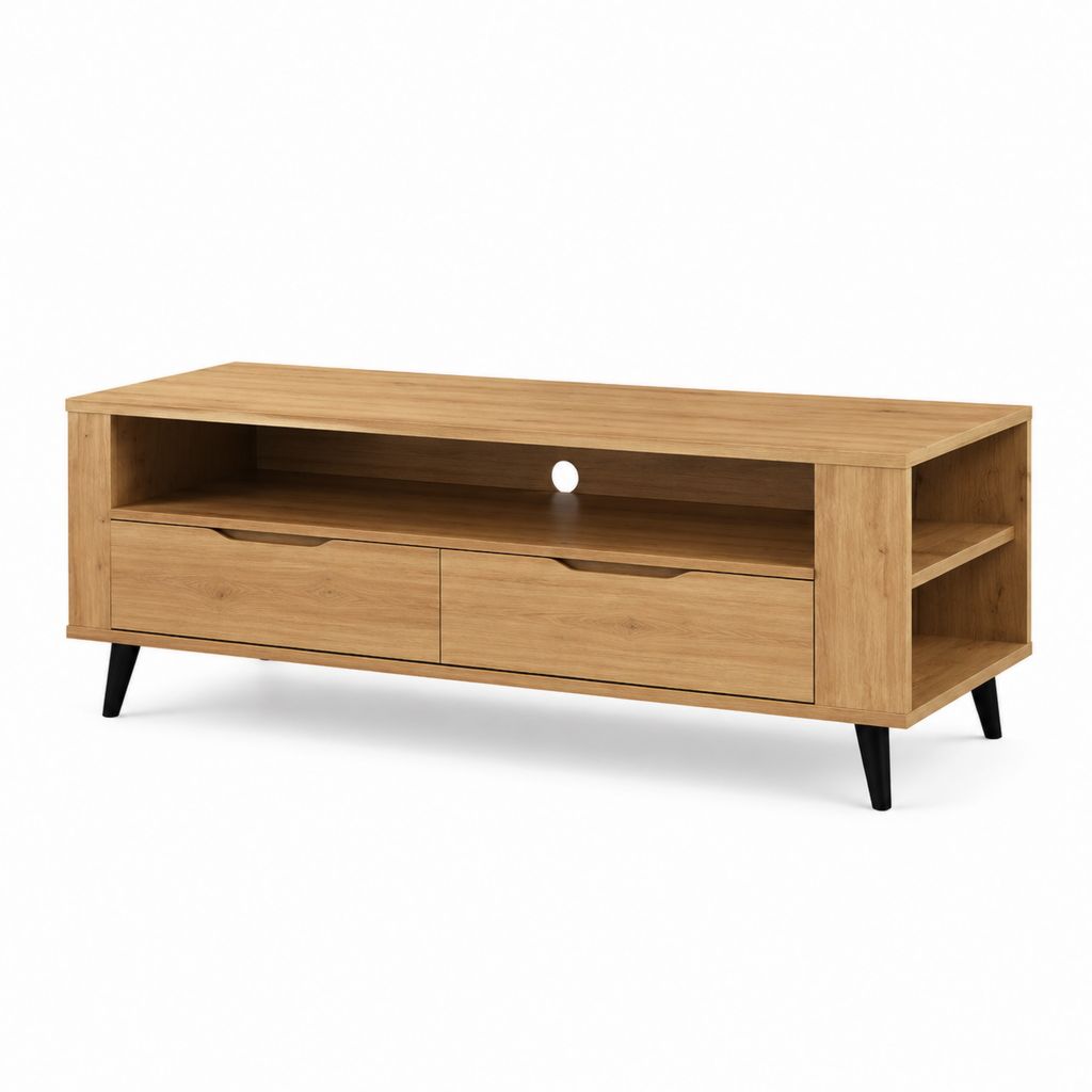 TV Lowboard Eiche-Optik mit 2 Schubladen und offenen Fächern 140 x 40 x 50 cm