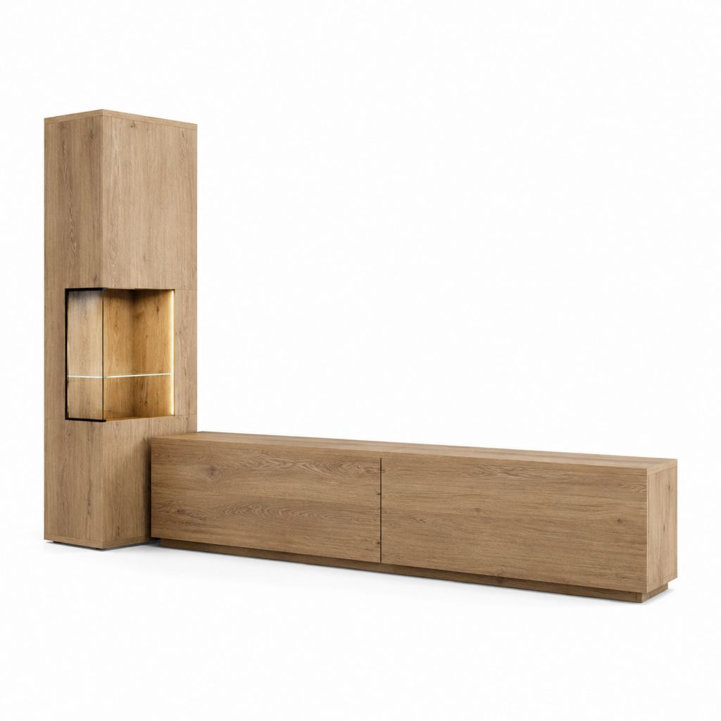 TV Lowboard mit Vitrine 2-teilig Eiche Natur Spanplatte rechteckig 230 x 190 x 45 cm